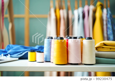 Close up designer fashion items and equipment material for work designer in the showroom.  99230475