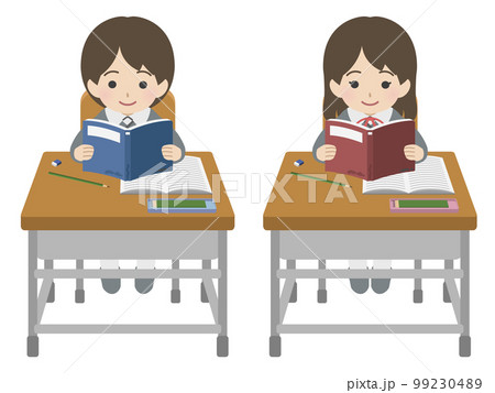 学習机に座り本を読む制服の児童 学習机に座り本を読む制服の児童 99230489