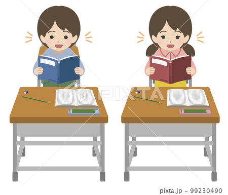 学習机に向かい起立して本を読む私服の児童 99230490