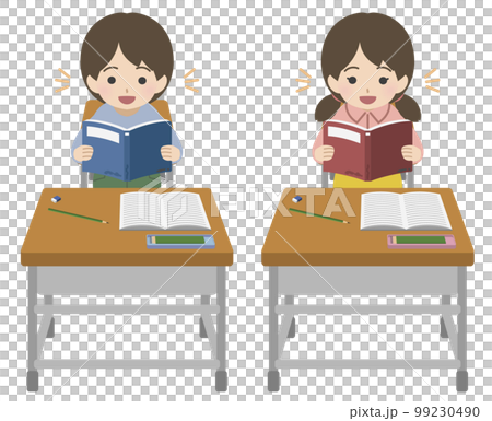 学習机に向かい起立して本を読む私服の児童 99230490