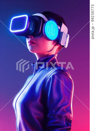 Realistic portrait of a sci-fi neon cyberpunk girl in a cyber suit. High-tech futuristic man from the future. The concept of virtual reality and cyberpunk. 3D render. Realistic portrait of a sci-fi neon cyberpunk girl in a cyber suit. High-tech futuristic man from the future. The concept of virtual reality and cyberpunk. 3D render. 99230773