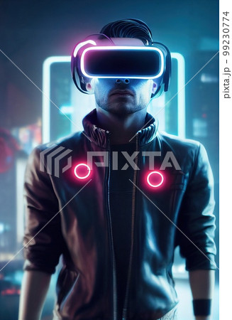 Portrait of a man wearing a cyberpunk headset, neon virtual glasses, and cyberpunk gear. A high-tech futuristic man from the future. The concept of virtual reality and cyberpunk. 3D rendering. Portrait of a man wearing a cyberpunk headset, neon virtual glasses, and cyberpunk gear. A high-tech futuristic man from the future. The concept of virtual reality and cyberpunk. 3D rendering. 99230774