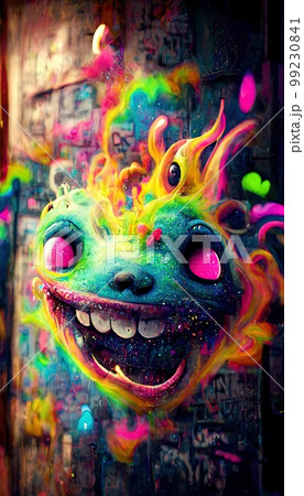 Abstract magical funny cartoon monster. Lots of colored paint, ink, funny monster and rainbow colors. Colorful wonderful surrealism of dreams. The concept of dreams and illusions. 99230841