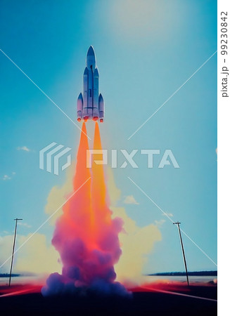Space rocket takes off into the sky. Spaceship flies to search for new planets. The concept of launching a rocket into space. 3D rendering 99230842