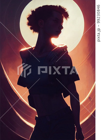 Abstract portrait of a cyberpunk girl. High-tech futuristic woman from the future. Concept of virtual reality and cyberpunk. 3D rendering. 99230846