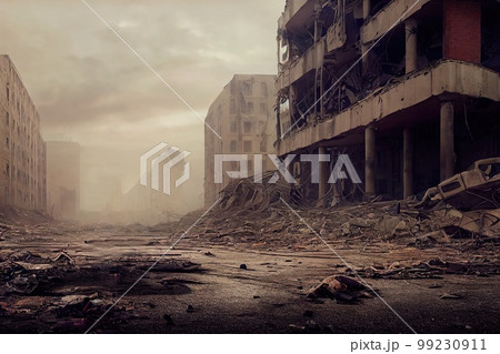 A post-apocalyptic ruined city. Destroyed buildings, burnt-out vehicles and ruined roads. 3D rendering 99230911
