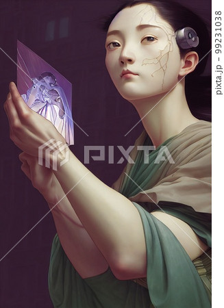 A fictional person, not based on a real person. A portrait of a creative Asian beauty wearing fancy headphones. 3d rendering 99231038