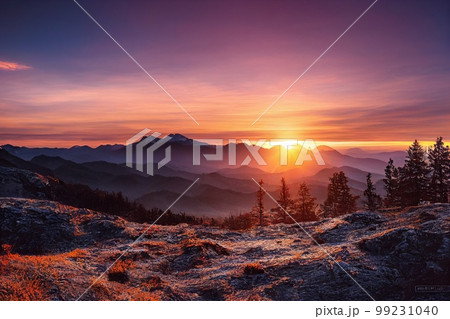 Beautiful ancient mountains at sunset, in the evening sunlight and in the fog. 3D rendering. Beautiful ancient mountains at sunset, in the evening sunlight and in the fog. 3D rendering. 99231040