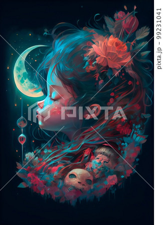 Abstract portrait of a little sleeping girl. Abstraction with a child. Generative AI 99231041