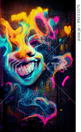 Abstract multicolored wonderful smiles. Lots of colored airy smiles, colored paints, rainbows and multicolored smoke. Colorful rainbow cheerful illusion. A dream and holiday concept. 99231070