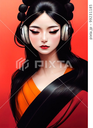 A fictional person, not based on a real person. A portrait of a creative Asian beauty wearing fancy headphones. 3d rendering 99231185