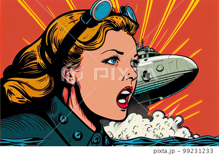 Happy young attractive woman in a Marine captain's uniform against the background of a military submarine. Generative AI Happy young attractive woman in a Marine captain's uniform against the background of a military submarine. Generative AI 99231233