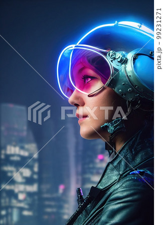 Portrait of a fictional futuristic female pilot in an aviation helmet and pilot's suit. Concept of futuristic pilots of the future. 3d rendering 99231271