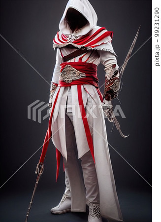 A fictional person, not based on a real person. Fantasy portrait of a militant female assassin in an ancient assassin costume. The concept of ancient warriors. 3D rendering A fictional person, not based on a real person. Fantasy portrait of a militant female assassin in an ancient assassin costume. The concept of ancient warriors. 3D rendering 99231290