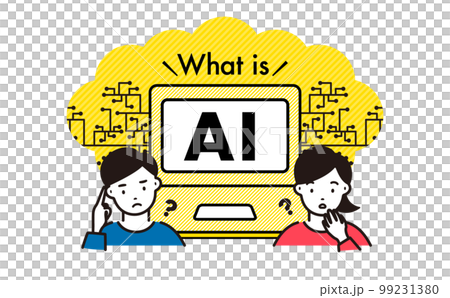 パソコンやIT、デジタルなイメージをあしらったシンプルポップなAIに関する困る人物付きイラスト パソコンやIT、デジタルなイメージをあしらったシンプルポップなAIに関する困る人物付きイラスト 99231380