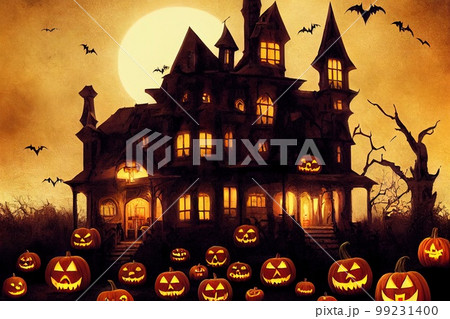 A dramatic, mystical Halloween backdrop. A full moon shines in the sky, a flock of bats flies in the dark sky. Near the castle lie pumpkins with candles. 3D render 99231400