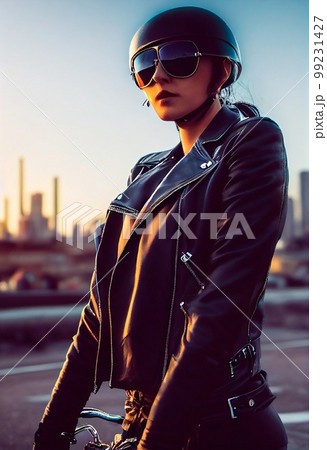 A beautiful brutal biker woman in a black leather jacket and cool glasses against the backdrop of the city. 3d rendering A beautiful brutal biker woman in a black leather jacket and cool glasses against the backdrop of the city. 3d rendering 99231427