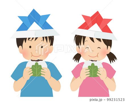 兜をかぶり柏餅を食べる子供達_こどもの日イメージ素材 99231523
