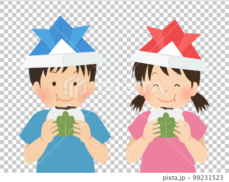 兜をかぶり柏餅を食べる子供達_こどもの日イメージ素材 99231523