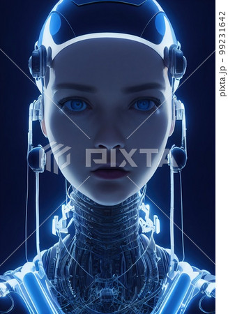 Portrait of a futuristic female robot. An artistic abstract steampunk fantasy. Concept of a modern robot. 3d rendering 99231642