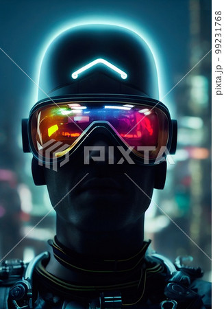 A fictional person, not based on a real person. Portrait of a sci-fi cyberpunk male. High-tech futuristic man from the future. The concept of virtual reality and cyberpunk. 3D render. 99231768