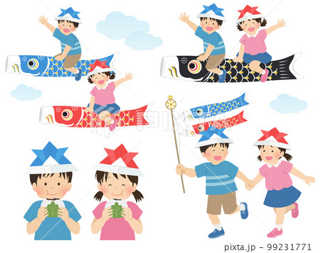 鯉のぼりと子供たちのセット_こどもの日イメージ素材 99231771