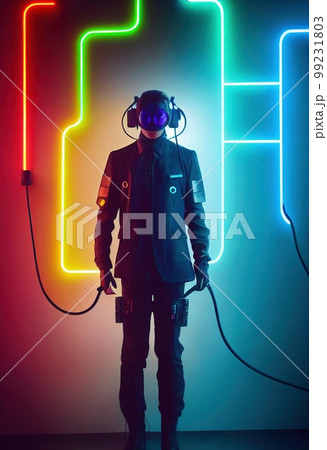 Realistic portrait of a sci-fi cyberpunk men in a cyber suit. High-tech futuristic man from the future. The concept of virtual reality and cyberpunk. 3D render. 99231803