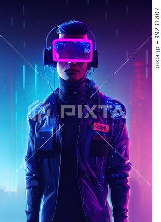 A realistic portrait of a man in neon light wearing a cyberpunk headset and cyberpunk gear. A high-tech futuristic man from the future. The concept of virtual reality and cyberpunk. 3D rendering A realistic portrait of a man in neon light wearing a cyberpunk headset and cyberpunk gear. A high-tech futuristic man from the future. The concept of virtual reality and cyberpunk. 3D rendering 99231807
