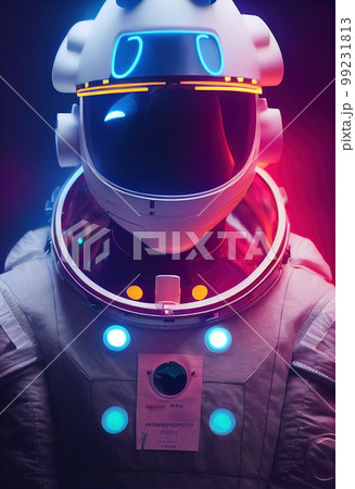Portrait of an fictional astronaut in neon light in a spacesuit. High-tech astronaut from the future. The concept of space travel. 3D rendering Portrait of an fictional astronaut in neon light in a spacesuit. High-tech astronaut from the future. The concept of space travel. 3D rendering 99231813