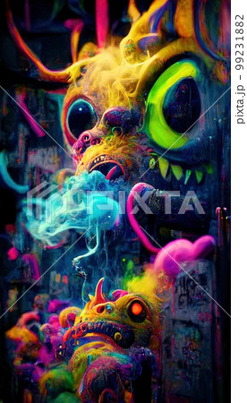 Abstract magical funny cartoon monster. Lots of colored paint, ink, funny monster and rainbow colors. Colorful wonderful surrealism of dreams. The concept of dreams and illusions. Abstract magical funny cartoon monster. Lots of colored paint, ink, funny monster and rainbow colors. Colorful wonderful surrealism of dreams. The concept of dreams and illusions. 99231882