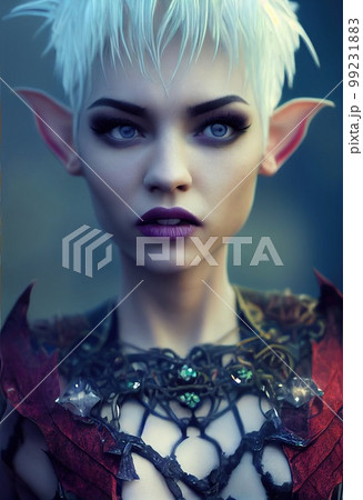 A fictional person, not based on a real person. Female elf warrior with green hair. Long green hair, sharp elven ears, beautiful eyes. 3D render. 99231883