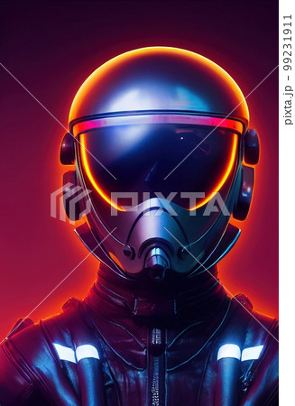Portrait of a fictional futuristic pilot in an aviation helmet and pilot's suit, against a background of neon lights. 3d rendering Portrait of a fictional futuristic pilot in an aviation helmet and pilot's suit, against a background of neon lights. 3d rendering 99231911