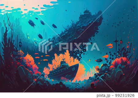 The ecosystem of the underwater marine world. Underwater ships and marine fish. Generative AI 99231926