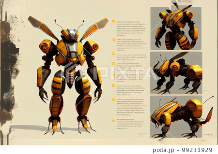 Portrait of a futuristic robot bee. An artistic abstract cyberpunk fantasy. Concept of a modern robot bee. Generative AI Art Portrait of a futuristic robot bee. An artistic abstract cyberpunk fantasy. Concept of a modern robot bee. Generative AI Art 99231929