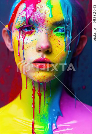 A scene with a fictional woman covered in all colors of paint. An artistic abstract colorful fantasy. The concept of unusual fashion. 3D Rendering. 99232045