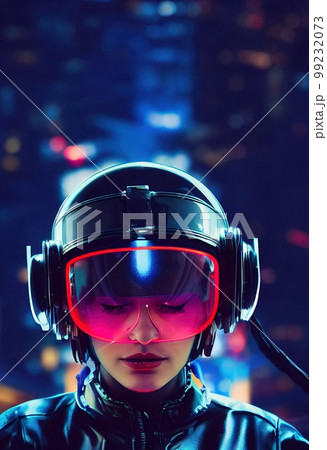Portrait of a fictional futuristic female pilot in an aviation helmet and pilot's suit, against a background of neon lights. 3d rendering 99232073