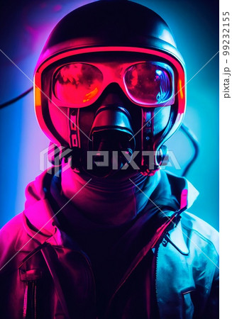 A stalker survivor in protective clothing and an neon gas mask. Survivor of nuclear war. 3d rendering 99232155
