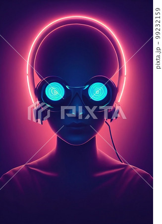 Realistic portrait of a sci-fi cyberpunk neon girl. High-tech futuristic woman from the future. The concept of virtual reality and cyberpunk. 3D render. Realistic portrait of a sci-fi cyberpunk neon girl. High-tech futuristic woman from the future. The concept of virtual reality and cyberpunk. 3D render. 99232159