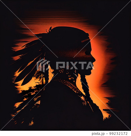 Silhouette of a woman from an Indian tribe in front of a teepee. Generative AI Art 99232172