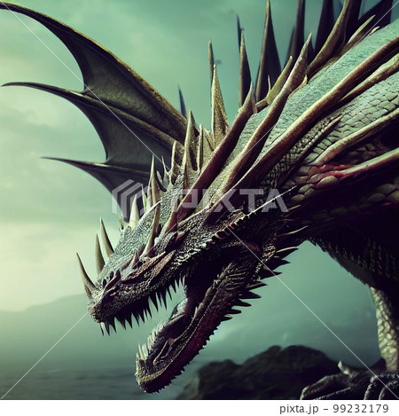 Portrait of a beautiful formidable legendary dragon. Image of an ancient dragon. 3d rendering 99232179