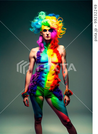 A scene with a fictional man covered in all colors of paint. An artistic abstract colorful fantasy. The concept of fashion. Generative AI Art 99232249