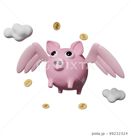 pink piggy bank 3d with wings, float coins, cloud isolated. saving money, loan approval, business banking, investment concept, 3d render illustration 99232324