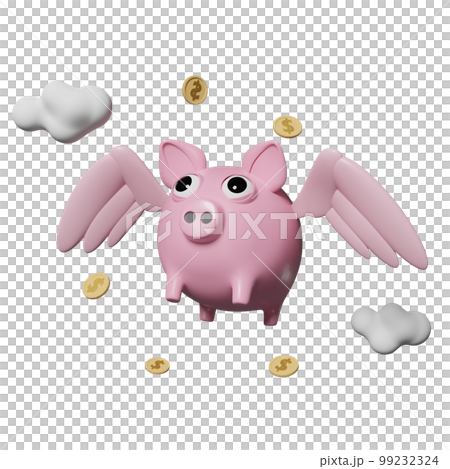 pink piggy bank 3d with wings, float coins, cloud isolated. saving money, loan approval, business banking, investment concept, 3d render illustration 99232324