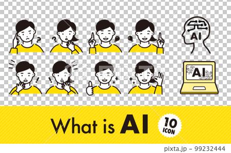 AI（人工智能）image_yellow_white background transparent 做出反應的男人和女人的插圖和圖標集 99232444