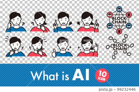 Illustration of men and women who react and icon set of AI (artificial intelligence) image _ blue red _ white background 99232446