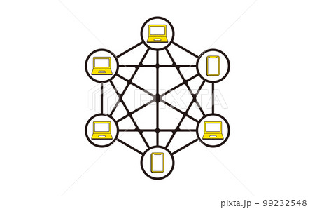 パソコンやスマホが繋がるシンプルデザインのブロックチェーン技術のイメージイラスト素材_ベクター文字な 99232548
