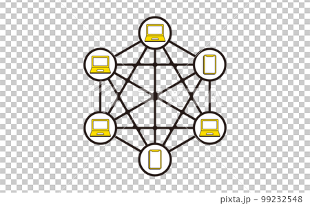 パソコンやスマホが繋がるシンプルデザインのブロックチェーン技術のイメージイラスト素材_ベクター文字な 99232548