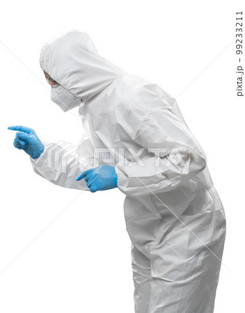 Worker wears medical protective suit or white coverall suit with mask and goggles Worker wears medical protective suit or white coverall suit with mask and goggles 99233211