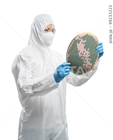 Worker or engineer wears medical protective suit or white coverall suit with silicon wafer 99233222