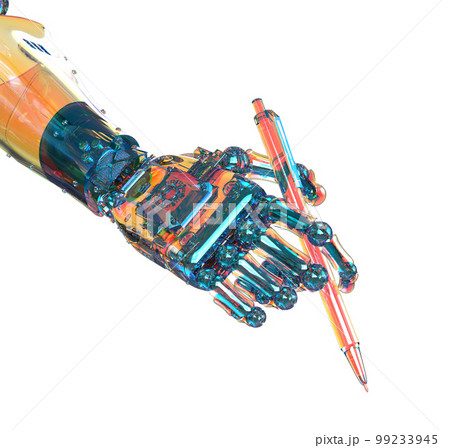 Ai art generator with robot writing assistant or essay generator hand hold pen 99233945